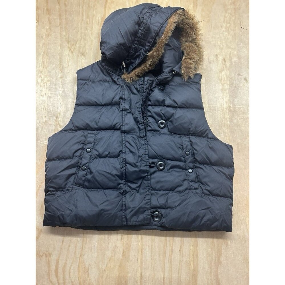 Gap‎ Puffer Vest Down Filled Women’s XL (Removable Fur) Hood Black Buttons Snaps